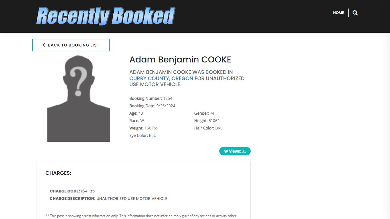 Recent Booking / Mugshot for Adam Benjamin COOKE in Curry County, Oregon